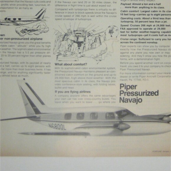 Vintage Piper Pressurized Navajo Corporate Air Travel Advertisement Print 1971 - Picture 2 of 2